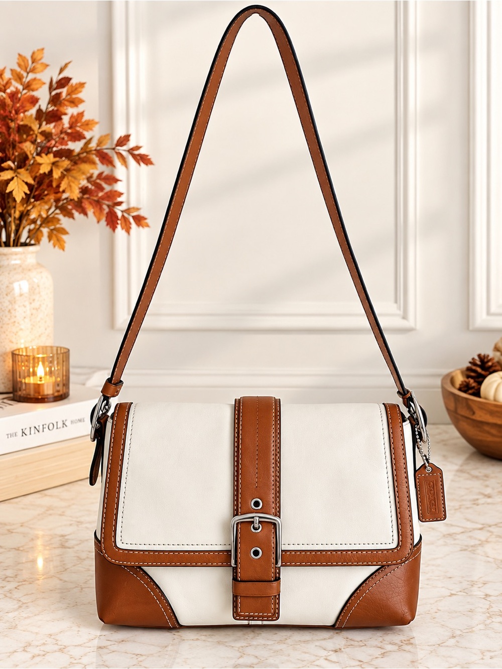 Vintage Y2K Coach F11196 Hampton Ivory Brown Leather Buckle Flap Shoulder Bag